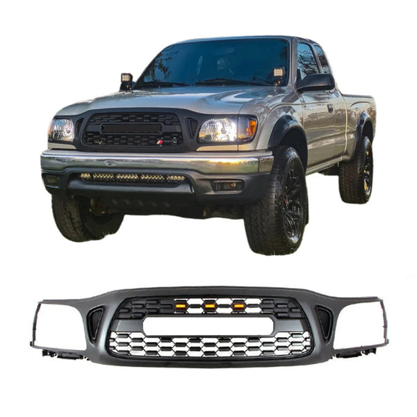 Front Grille Compatible with 2001 2002 2003 2004 1st Gen Toyota Tacoma Black Grill With Emblem & LED Lights