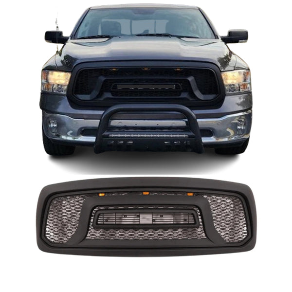 Front Rebel Style Grille For 2002 2003 2004 2005 Dodge Ram 1500 Black Grill with Letters & LED Lights