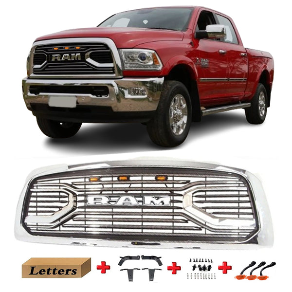 Chrome Front Grille for 2013 2014 2015 2016 2017 2018 Dodge Ram 2500 3500 Big Horn Style Grill with LED Lights and Letters