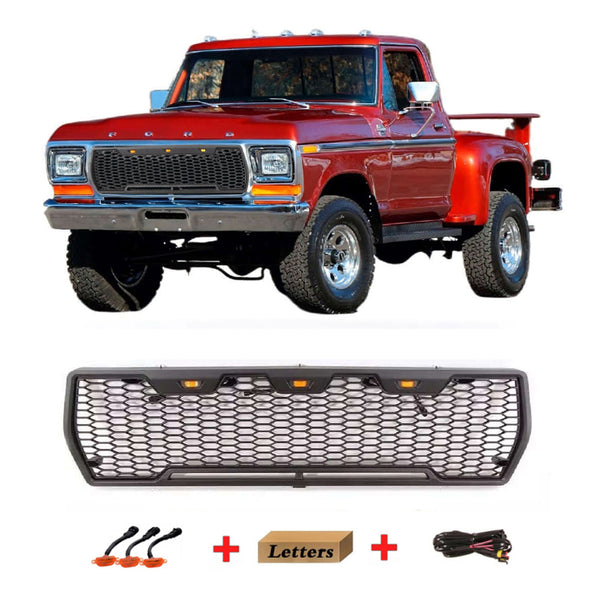 Front Grille Compatible with 1978 1979 Ford F150 Bronco Raptor Style Grill with Letters and LED Lights Black