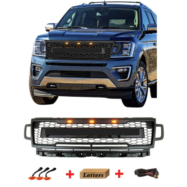 Front Grille Compatible with 2018 2019 2020 2021 Ford Expedition Grill with Letters and LEDs Matte Black