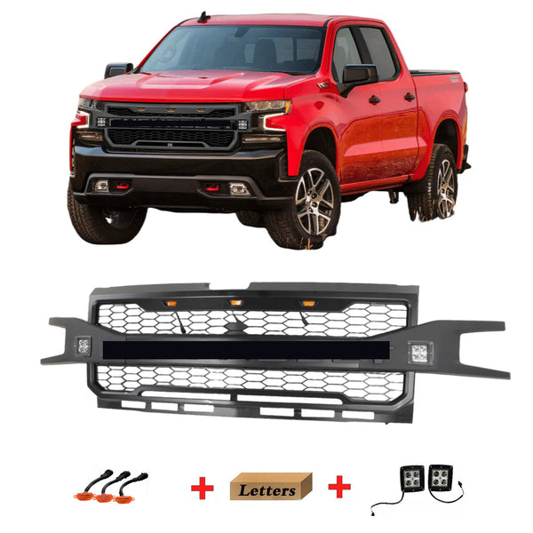 Front Grille for 2019 2020 2021 2022 Chevrolet Silverado 1500 Black Upper Grill With 3+2 Lights and Letters