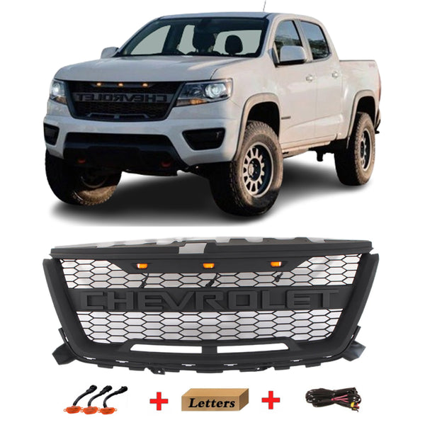 Front Grille Compatible with 2016 2017 2018 2019 2020 Chevrolet Chevy Colorado Grill with Letters and LED Lights Matte Black