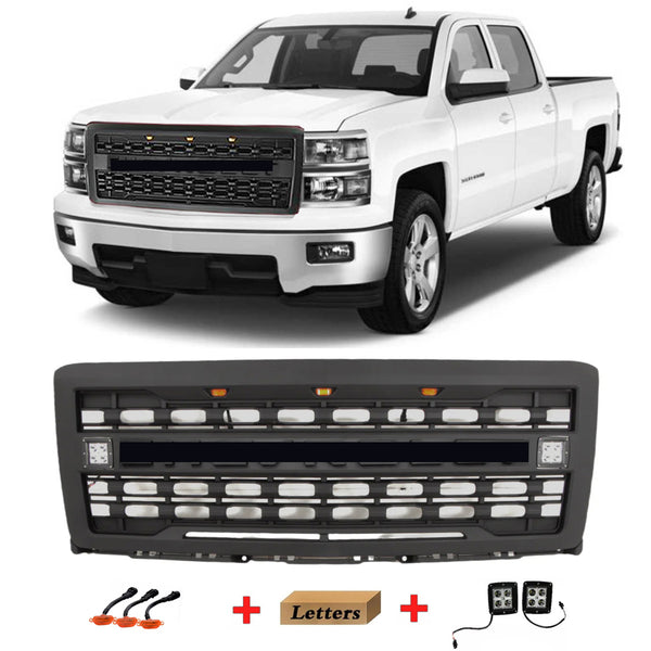 Front Bumper Grille for 2014 2015 Chevrolet Chevy Silverado 1500 Grill Matte Black with LED Lights and Letters