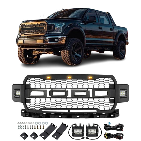 Front Grille Compatible with 2018 2019 2020 Ford F150 Grill Raptor Style Grill with Letters and LEDs Black