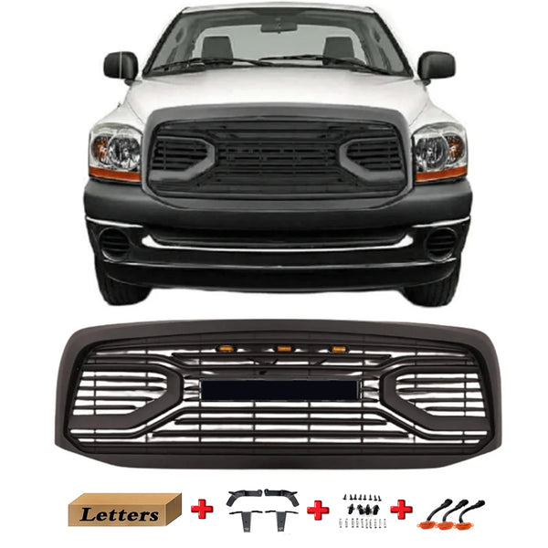 Black Front Grille for 2006 2007 2008 Dodge RAM 1500 Grill, Big Horn Style with Letters and LED Lights