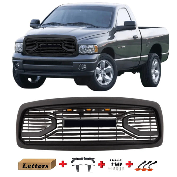 Black Front Grille for 2002 2003 2004 2005 Dodge Ram 1500 Bumper Grill Big Horn Style with Letters and LED Lights