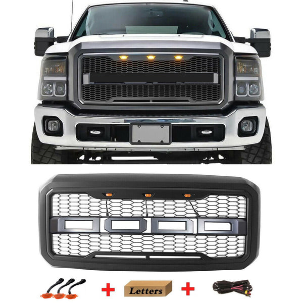 Front Grille Fit for 2011 2012 2013 2014 2015 2016 Ford F250 F350 F450 Grill Super Duty Raptor Style Grill with Letters and LEDs