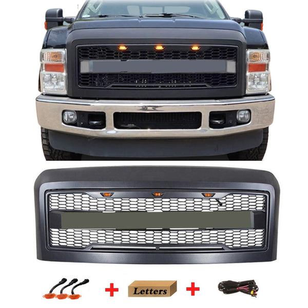 Front Grille Fit for 2008 2009 2010 Ford F250 F350 F450 Grill Super Duty Raptor Style Grill with Letters and LEDs