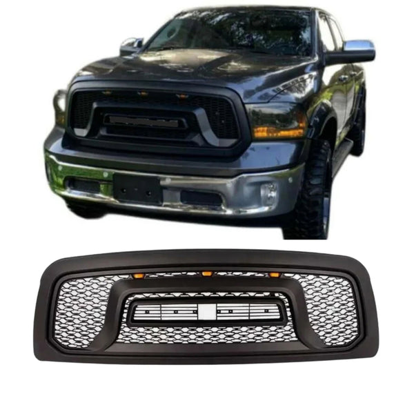 Black Front Grille for 2013 2014 2015 2016 2017 2018 Dodge RAM 1500 Rebel Style Grill with Letters and LED Lights