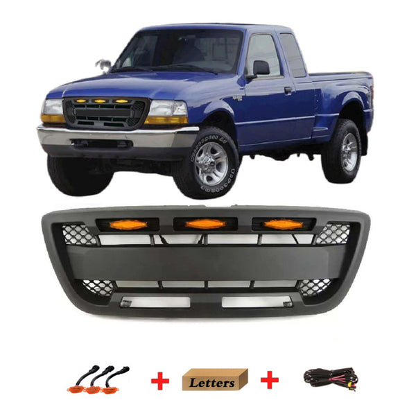 Front Grille Compatible with 1998 1999 2000 Ford Ranger Raptor Style Grill with Letters and Lights