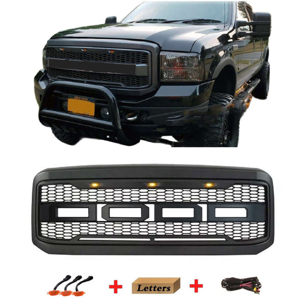 Front Grille Fit for 2005 2006 2007 Ford F250 F350 F450 Grill Super Duty Raptor Style Grill with Letters and LEDs