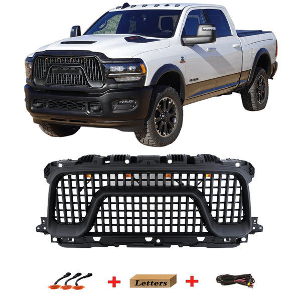 Black Front Grille for 2019 2020 2021 2022 2023 2024 Dodge RAM 2500/3500 Big Horn Style Grill W/ Letters and LED Lights