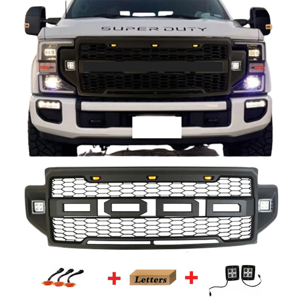 Front Grille Fit for 2020 2021 2022 Ford F250 F350 F450 Grill Super Duty Raptor Style Grill with Letters and LEDs