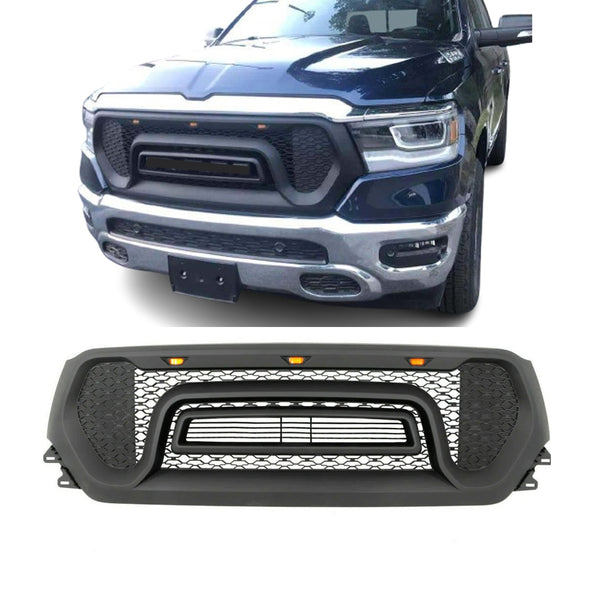 Front Grille for 2019 2020 2021 Dodge Ram 1500 Rebel Style Grill Matte black with LED Lights and Letters