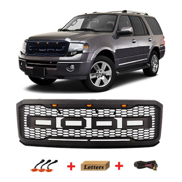 Grille for 2007 2008 2009 2010 2011 2012 2013 2014 Ford Expedition Grill with Letters and LEDs Matte Black