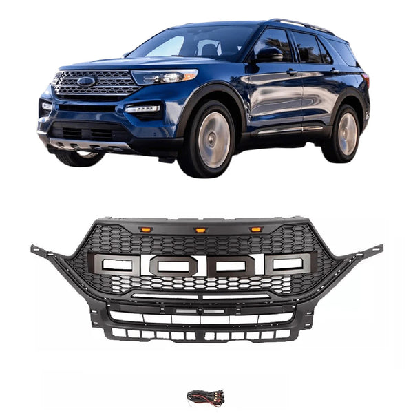 Front Grille for 2020 2021 2022 Ford Explorer Black Grill Raptor Style with Letters and LED Lights