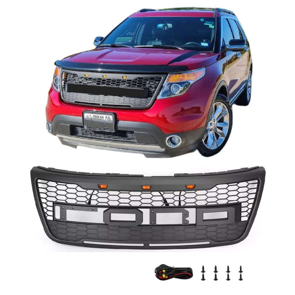 Front Grille for 2011 2012 2013 2014 2015 Ford Explorer Black Grill Raptor Style with Letters and LEDs