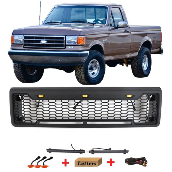 Front Grille for 1987 1988 1989 1990 1991 Ford F150 Bronco Grill Raptor Style Black Grill with Letters and LEDs
