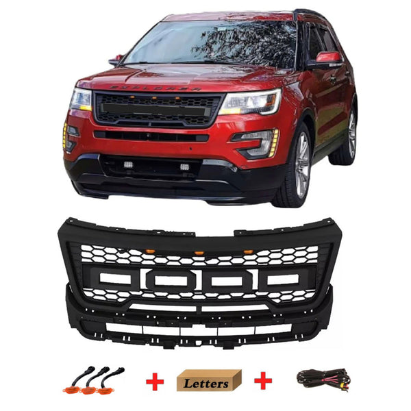Raptor Style Front Grille for 2016 2017 2018 Ford Explorer Models Black Grill with Letters and LEDs