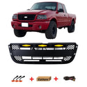 Black Front Grille Fit for 2001 2002 2003 Ford Ranger Raptor Style Grill with Letters and LED Lights