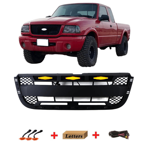 Black Front Grille Fit for 2001 2002 2003 Ford Ranger Raptor Style Grill with Letters and LED Lights