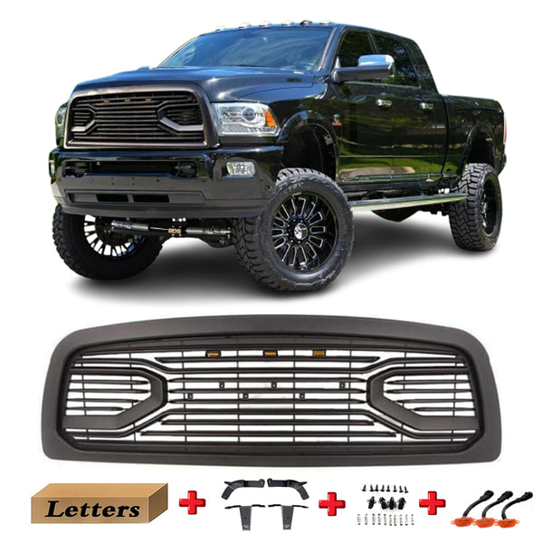 Front Grille Fit For 2013 2014 2015 2016 2017 2018 Dodge RAM 2500 3500, Big Horn Style Grill with Letters (with LED Lights)