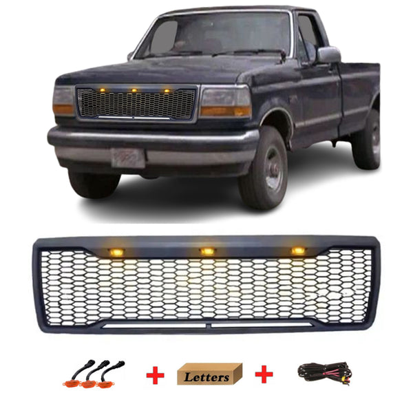 Black Raptor Style Grille For 1992 1993 1994 1995 1996 Ford F150 Bronco Grill with Letters and Lights