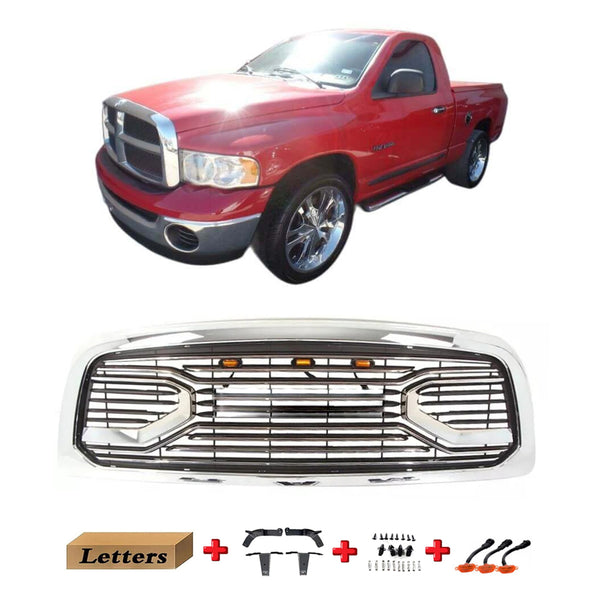Chrome Front Grille for 2002 2003 2004 2005 Dodge Ram 1500 Big Horn Style Grill with Letters and LED Lights