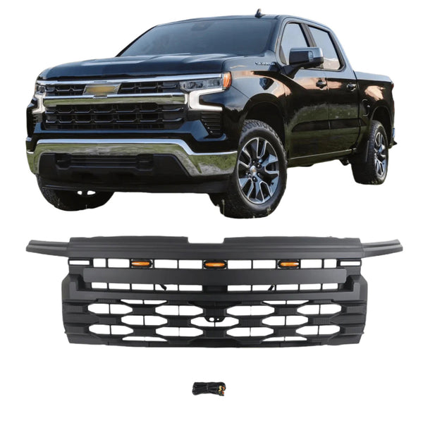 Front Grille for 2019 2020 2021 2022 2023 2024 Chevrolet Silverado 1500 Black Upper Grill with Lights and Letters