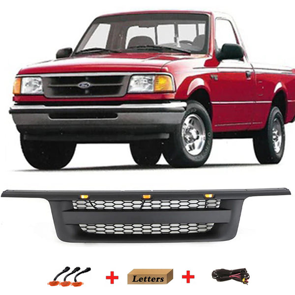 Front Grille Compatible with 1995 1996 1997 Ford Ranger Raptor Style Grill with Letters and LED Lights