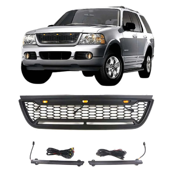 Raptor Style Front Grille for 2002 2003 2004 2005 Ford Explorer/Sport Trac Models Black Grill with Letters and LEDs