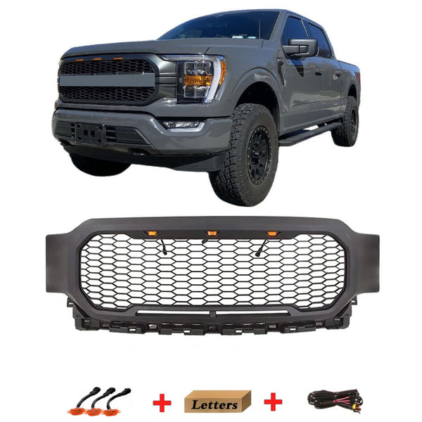 Front Grille Compatible with 2021 2022 Ford F150 Grill Raptor Style Black Grill with Letters and 3 Led Lights