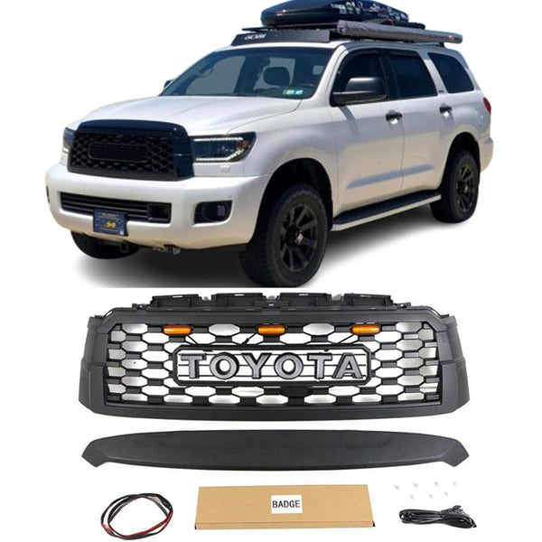 Front Bumper Grille Compatible with 2010-2021 2nd Gen Toyota Sequoia TRD PRO Style Grill with Badge and LED Lights Matte Black