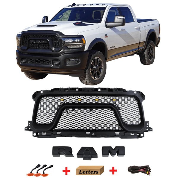 Front Grille for 2019 2020 2021 2022 2023 2024 Dodge RAM 2500/3500 Honeycomb Style Grill W/ Letters and LED Lights