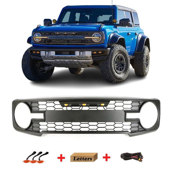 Front Grille Compatible with 2021-2022 Ford Bronco Grill With Letters & LED Lights