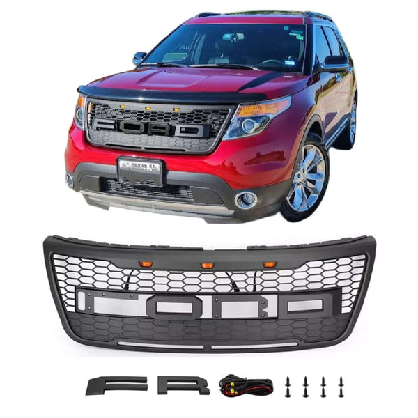 Front Grille for 2011 2012 2013 2014 2015 Ford Explorer Black Grill Raptor Style with Letters and LEDs