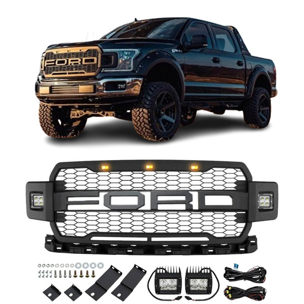 Front Grille Compatible with 2018 2019 2020 Ford F150 Grill Raptor Style Grill with Letters and LEDs Black