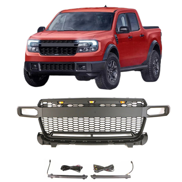 Black Front Grille for 2022 2023 2024 2025 Ford Maverick Grill with LED Bars and LED Lights and Letters