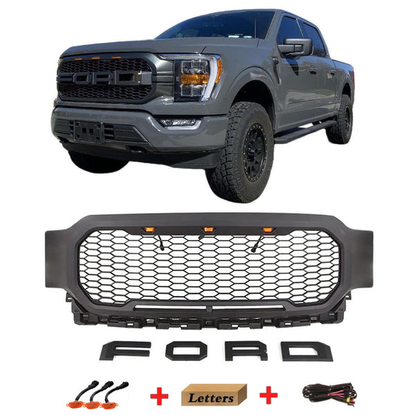 Front Grille Compatible with 2021 2022 Ford F150 Grill Raptor Style Black Grill with Letters and 3 Led Lights