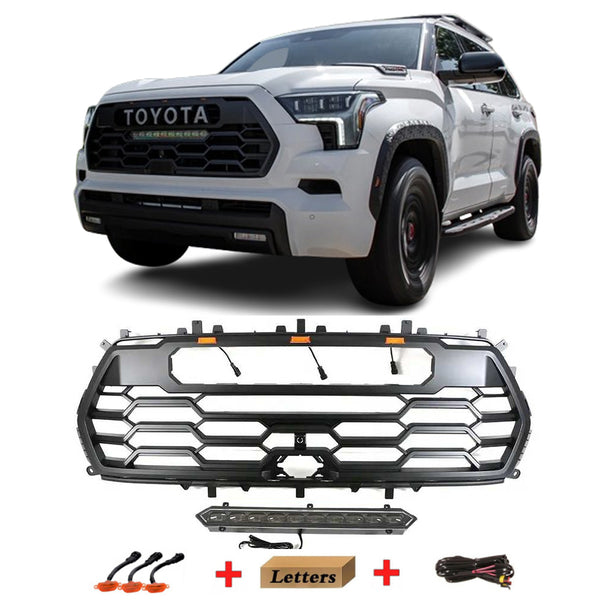 Front Bumper Grille for 2022 2023 2024 2025 3rd Gen Toyota Sequoia TRD PRO Style Grill with Badge and LEDs