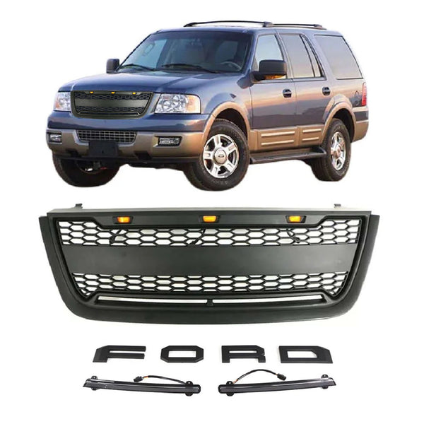 Front Grille for 2003 2004 2005 2006 Ford Expedition Grill with Letters and LEDs Matte Black