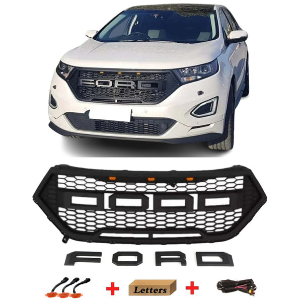 Front Grille Fit for 2016 2017 2018 Ford edge Raptor Style Grill with Letters and LED Lights Matte Black