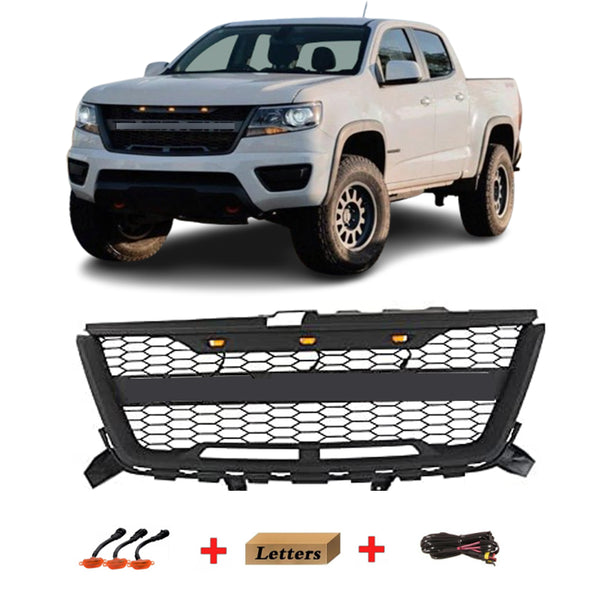 Front Grille Compatible with 2016 2017 2018 2019 2020 Chevrolet Chevy Colorado Grill with Letters and LED Lights Matte Black