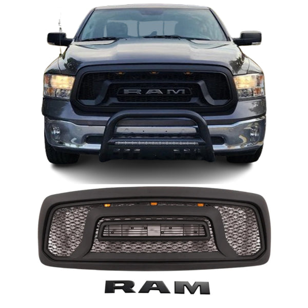 Front Rebel Style Grille For 2002 2003 2004 2005 Dodge Ram 1500 Black Grill with Letters & LED Lights