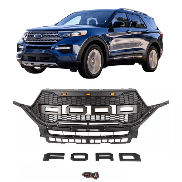 Front Grille for 2020 2021 2022 Ford Explorer Black Grill Raptor Style with Letters and LED Lights