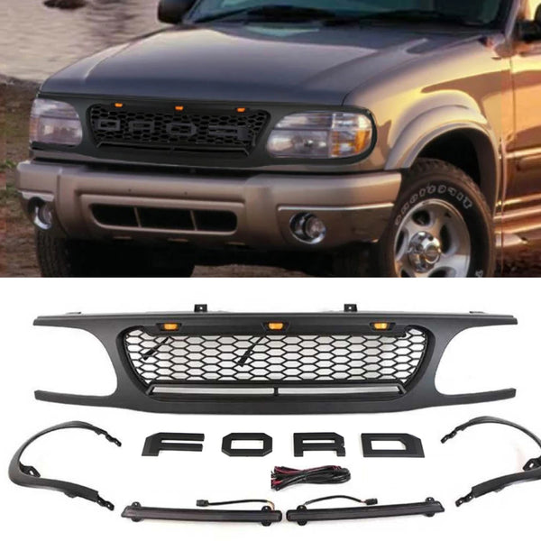 Front Grille for 1995 1996 1997 1998 1999 2000 2001 Ford Explorer Black Grill with Letters and LEDs