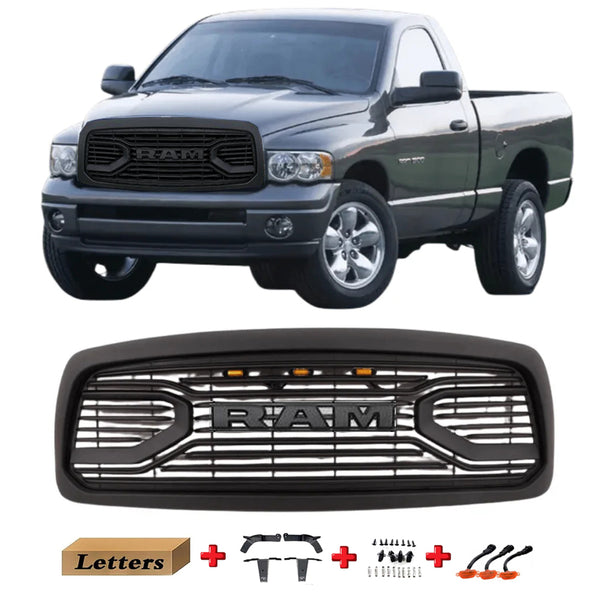 Black Front Grille for 2002 2003 2004 2005 Dodge Ram 1500 Bumper Grill Big Horn Style with Letters and LED Lights
