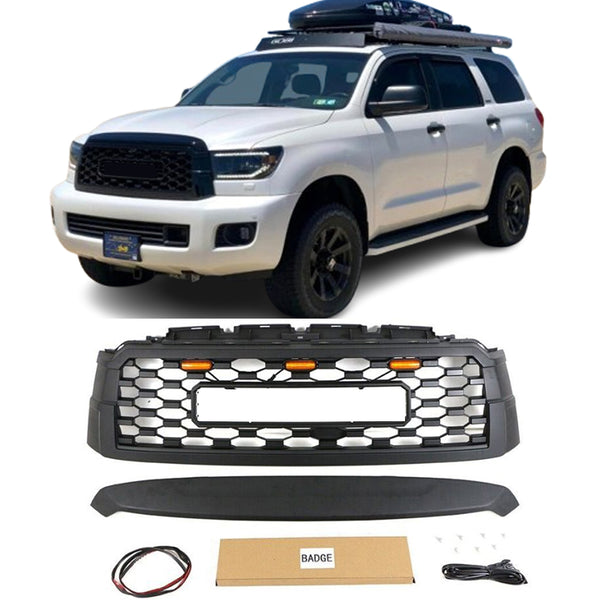 Front Bumper Grille Compatible with 2010-2021 2nd Gen Toyota Sequoia TRD PRO Style Grill with Badge and LED Lights Matte Black