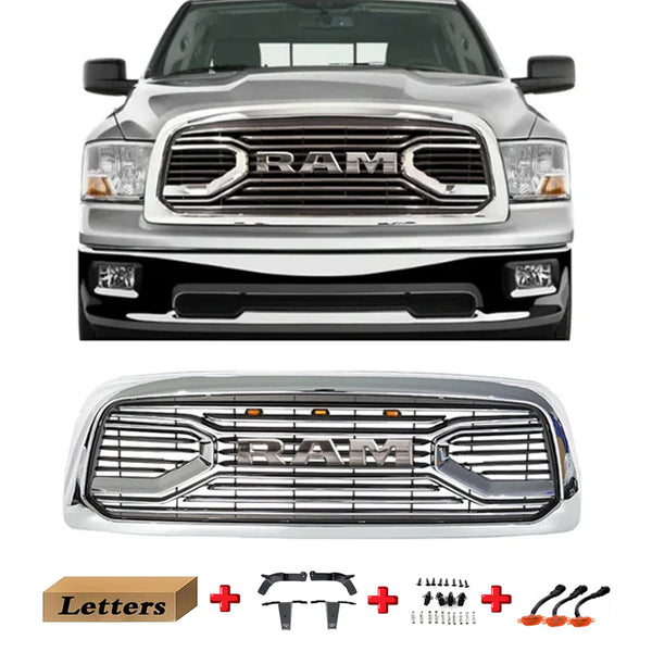 Chrome Front Grille for 2009 2010 2011 2012 Dodge RAM 1500 Grill, Big Horn Style with Letters and LED Lights